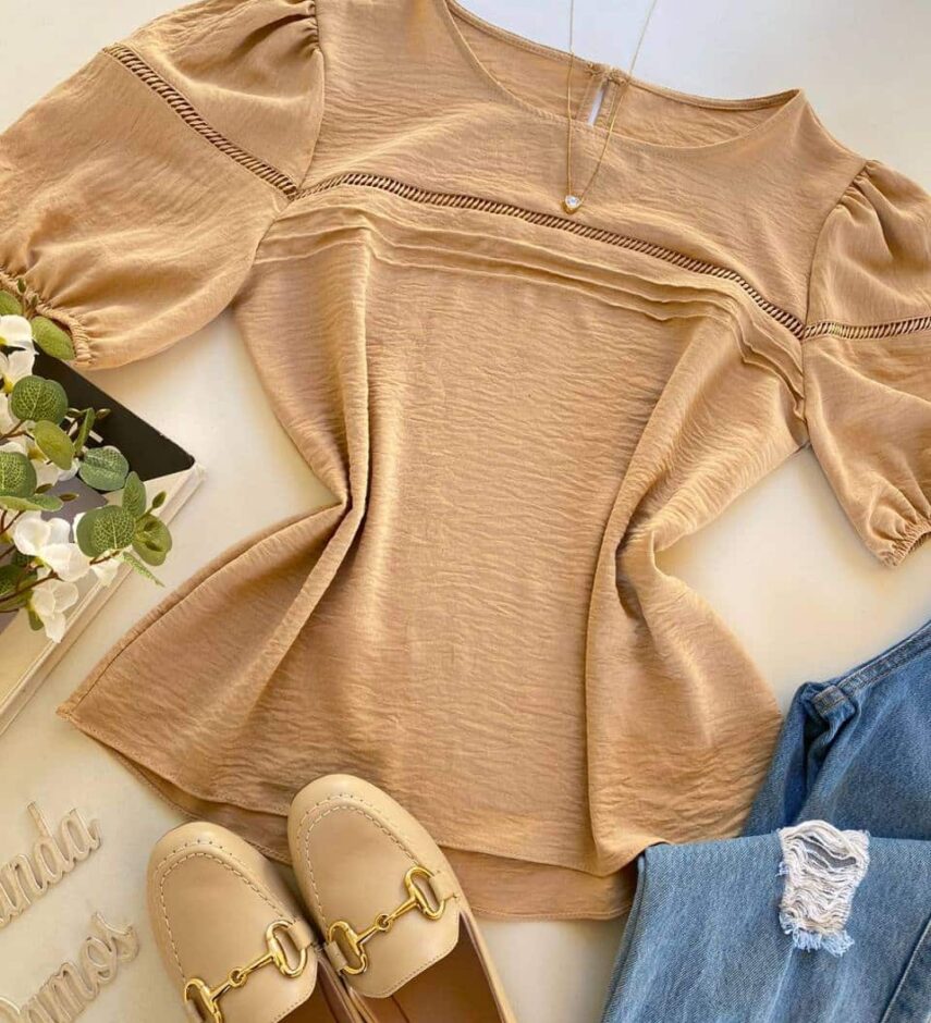 Blusa Feminina Manga Princesa Amanda Bege - Fernanda Ramos Store