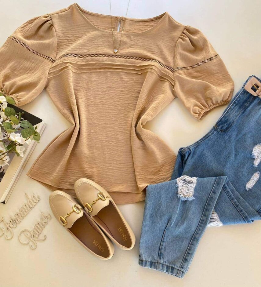 Blusa Feminina Manga Princesa Amanda Bege - Fernanda Ramos Store