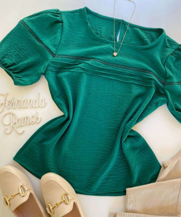 Blusa Feminina Manga Princesa Amanda Verde - Fernanda Ramos Store