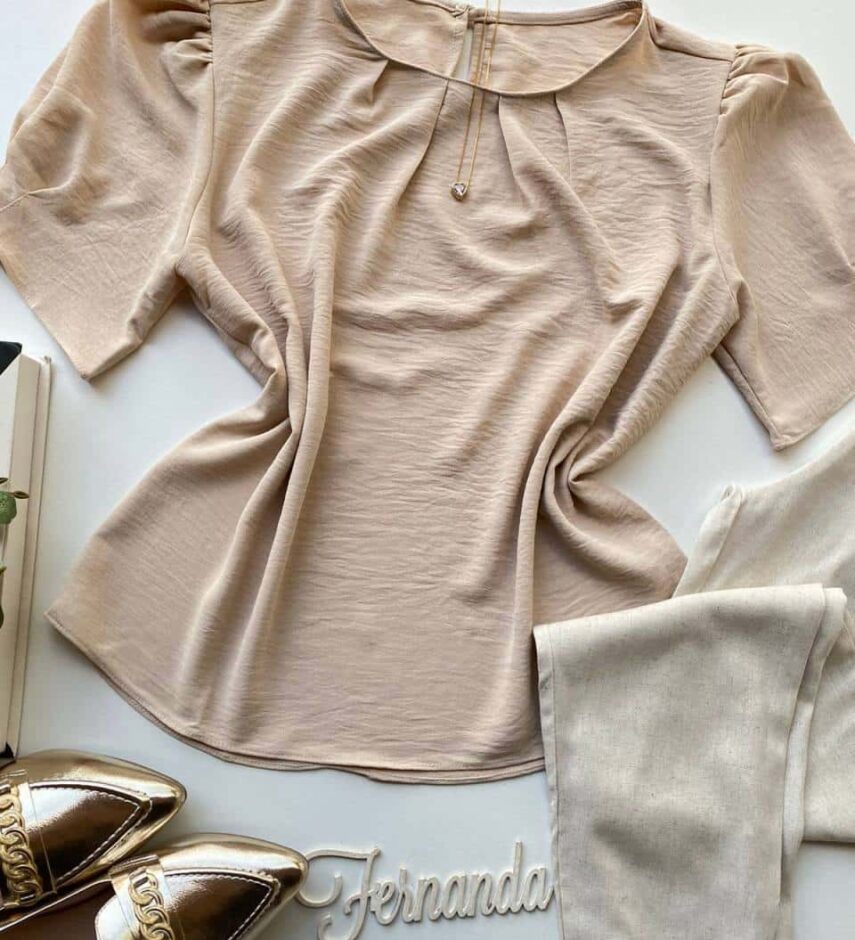 Blusa Feminina Manga Princesa com Pregas Bege - Fernanda Ramos Store
