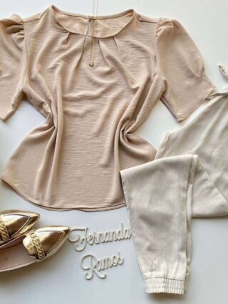 Blusa Feminina Manga Princesa com Pregas Bege - Fernanda Ramos Store