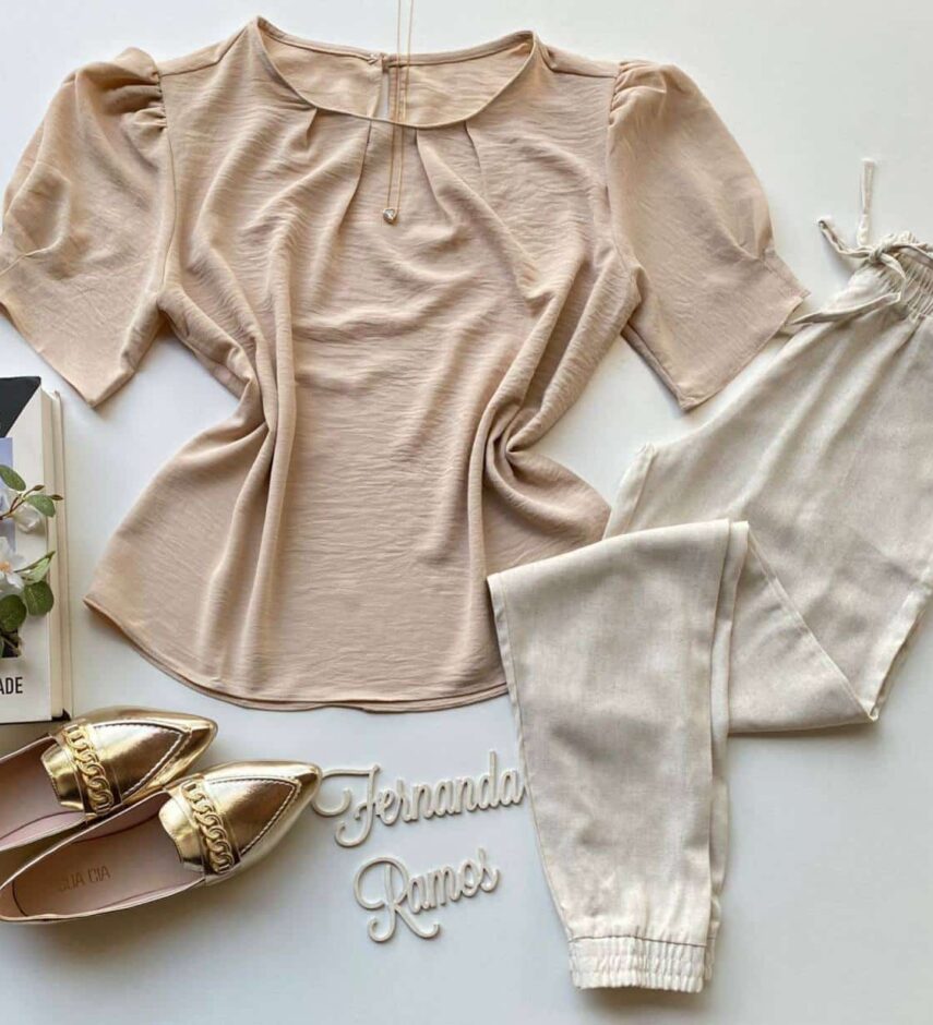 Blusa Feminina Manga Princesa com Pregas Bege - Fernanda Ramos Store