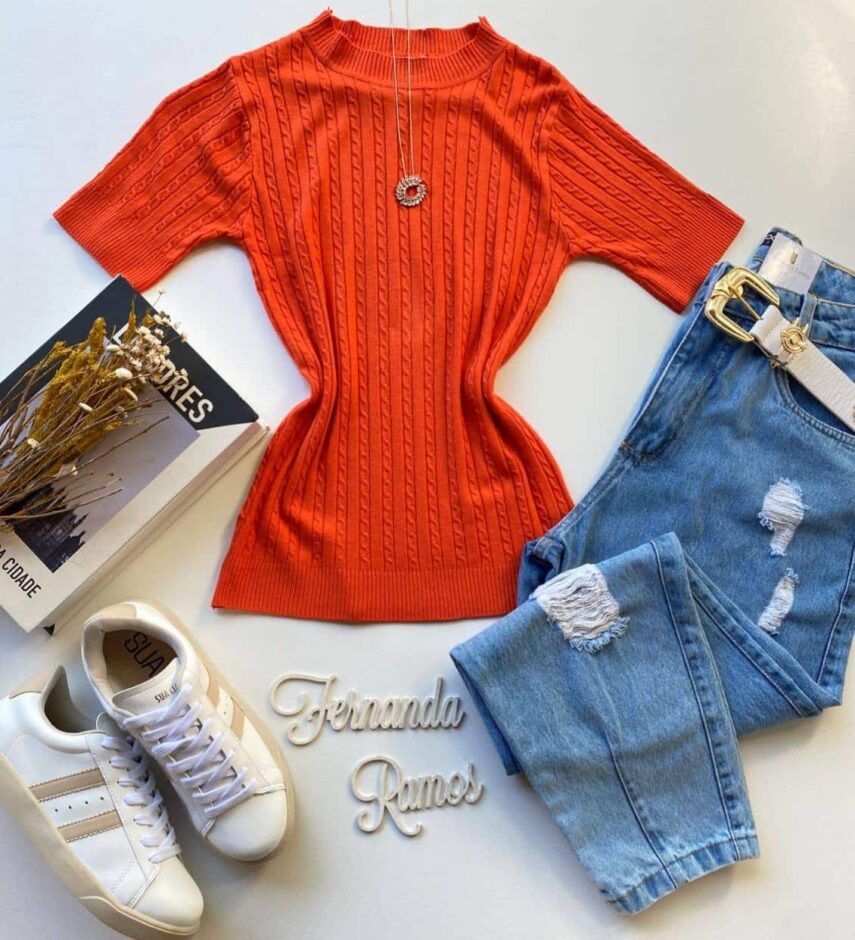 Blusa Feminina Modal Manga Curta Camila Laranja - Fernanda Ramos Store