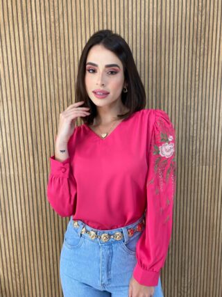 Blusa Manga Longa Detalhe Bordado nas Mangas Pink - Fernanda Ramos Store