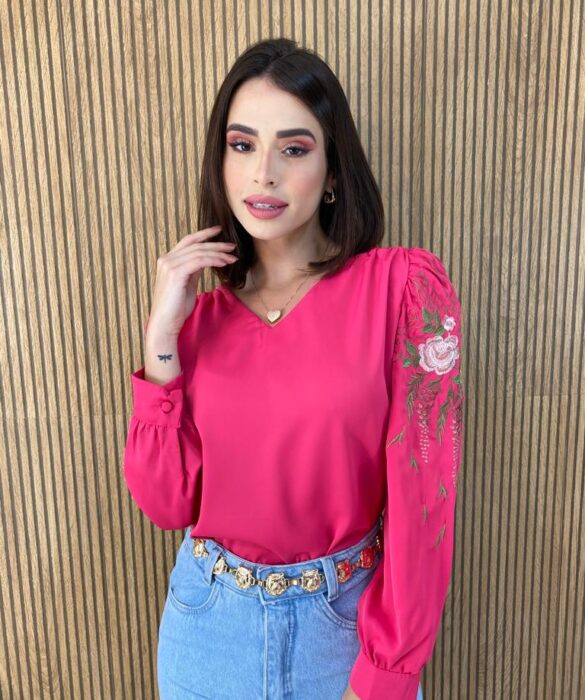 Blusa Manga Longa Detalhe Bordado nas Mangas Pink - Fernanda Ramos Store