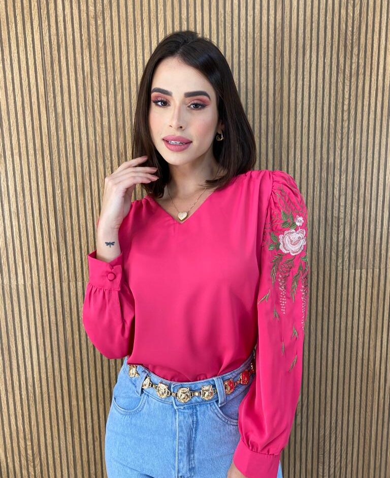 Blusa Manga Longa Detalhe Bordado nas Mangas Pink - Fernanda Ramos Store