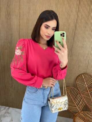 Blusa Manga Longa Detalhe Bordado nas Mangas Pink - Fernanda Ramos Store