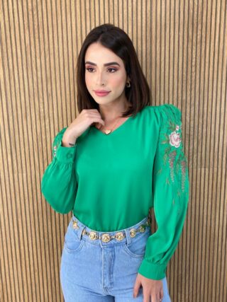 Blusa Manga Longa Detalhe Bordado nas Mangas Verde - Fernanda Ramos Store