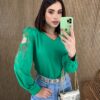 Blusa Manga Longa Detalhe Bordado nas Mangas Verde - Fernanda Ramos Store