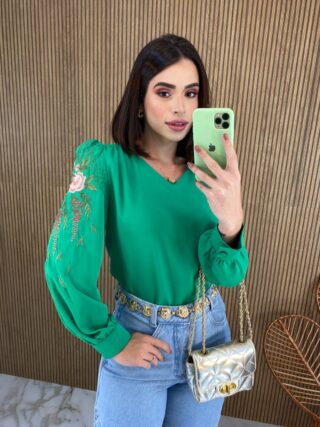 Blusa Manga Longa Detalhe Bordado nas Mangas Verde - Fernanda Ramos Store