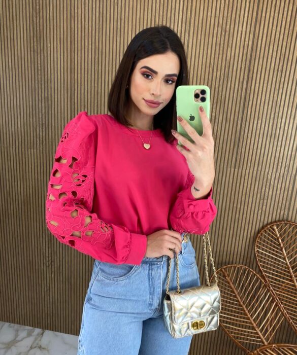 Blusa Manga Longa Detalhes Vazados nas Mangas Pink - Fernanda Ramos Store