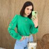 Blusa Manga Longa Detalhes Vazados nas Mangas Verde - Fernanda Ramos Store