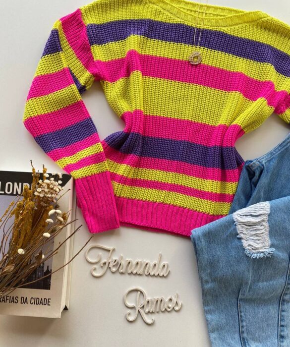 Blusa Manga Longa Feminina Listrada Colorida - Fernanda Ramos Store