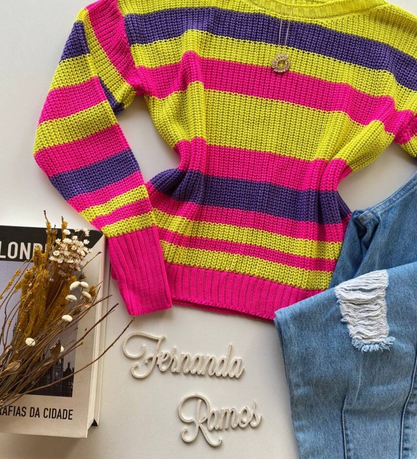 Blusa Manga Longa Feminina Listrada Colorida - Fernanda Ramos Store