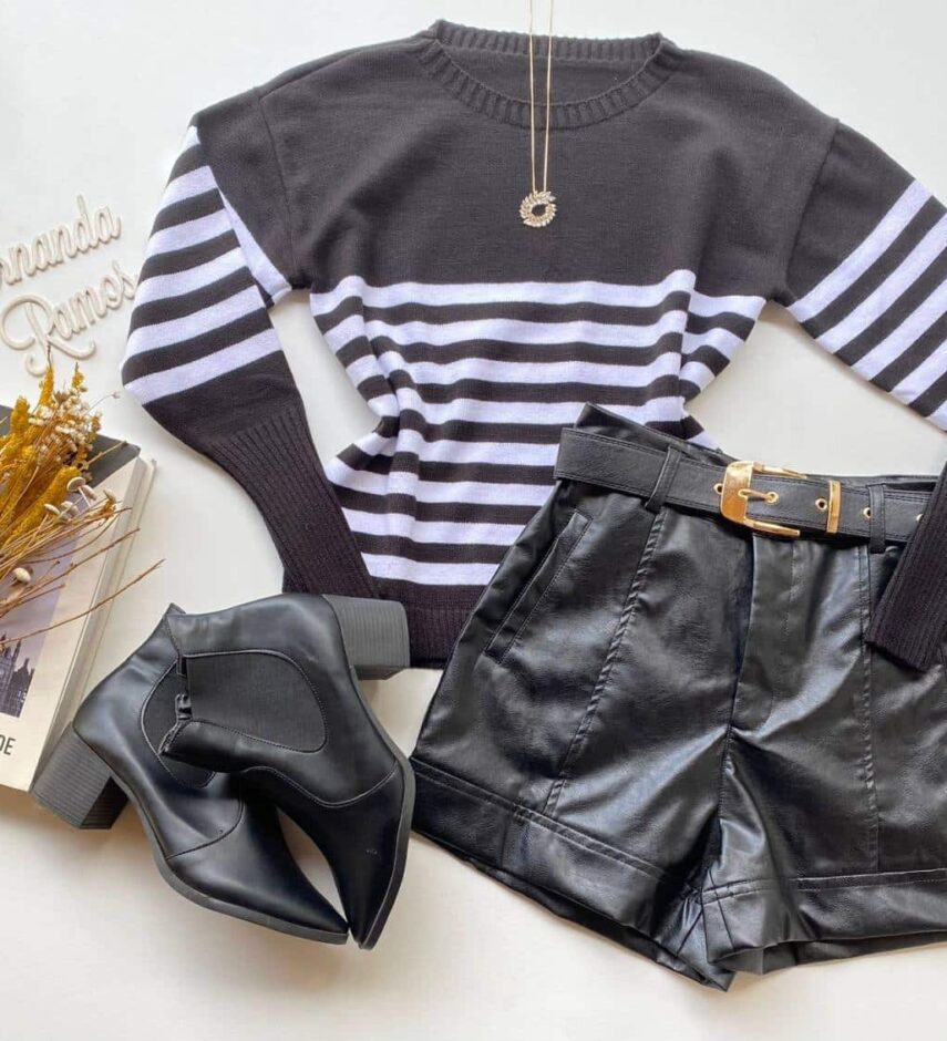 Blusa Manga Longa Feminina Listrada Tons Branco e Preto Fernanda Ramos Store