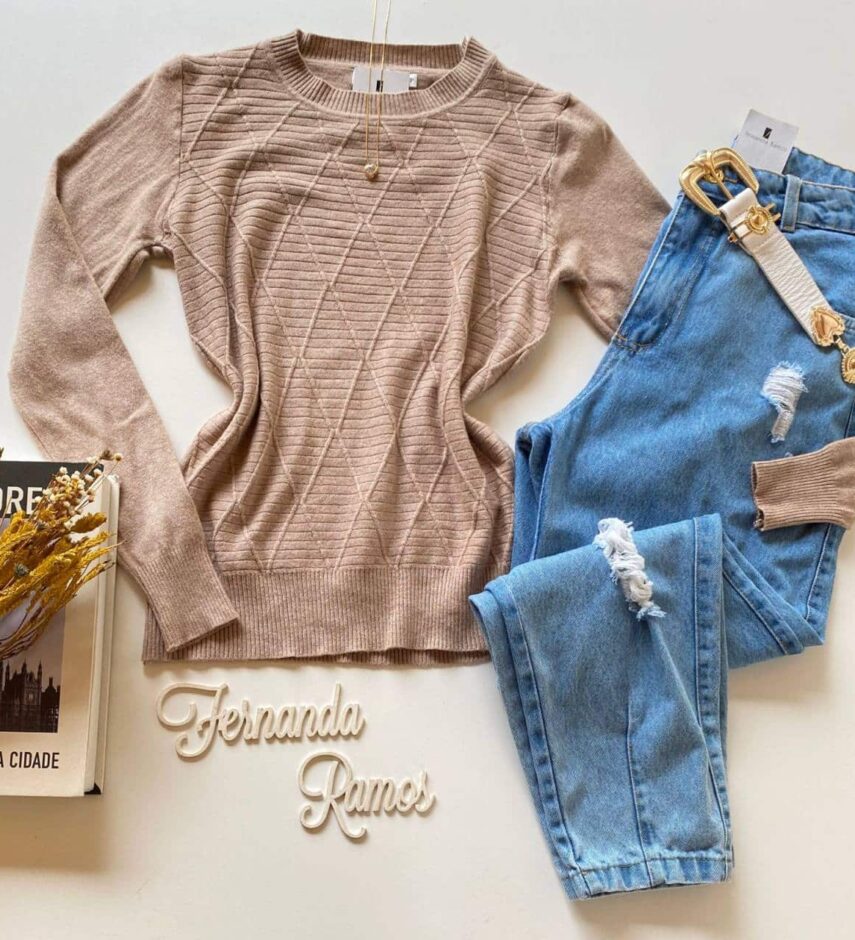 Blusa Manga Longa Feminina Modal 3129 Bege Fernanda Ramos Store
