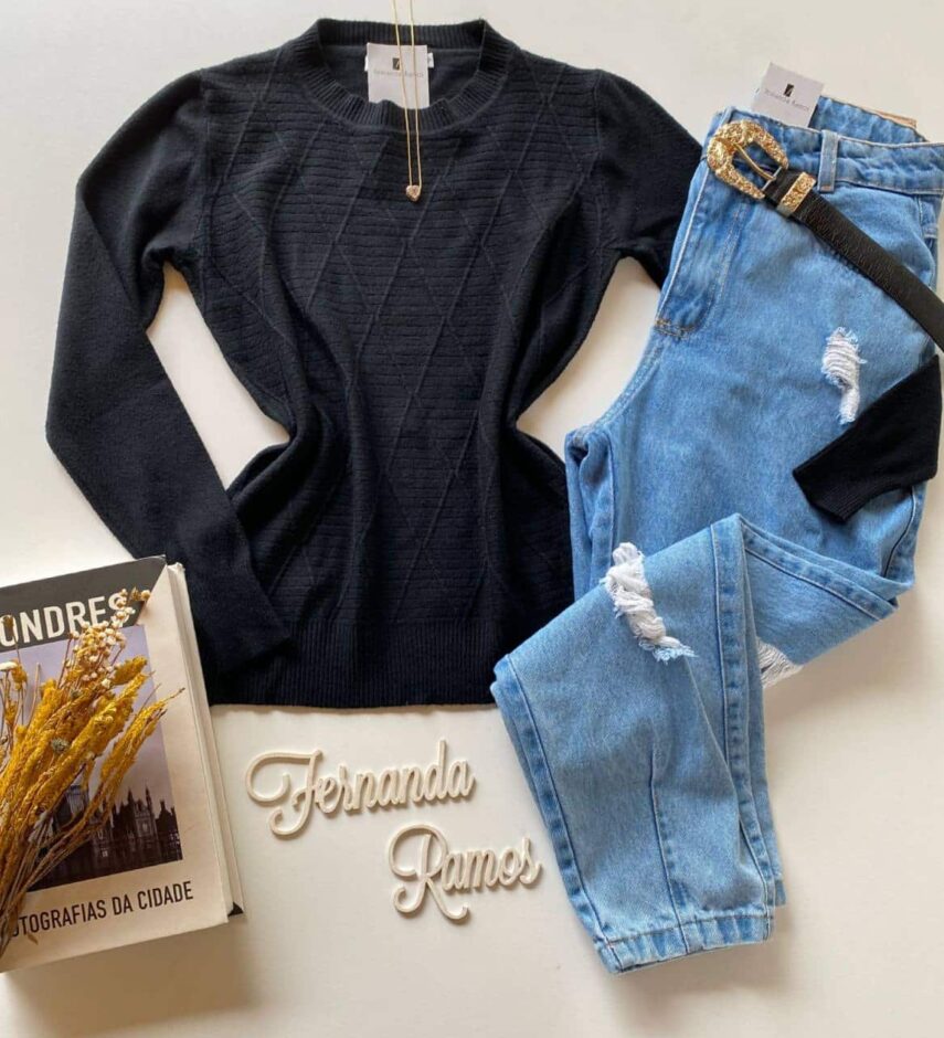 Blusa Manga Longa Feminina Modal 3129 Preta Fernanda Ramos Store
