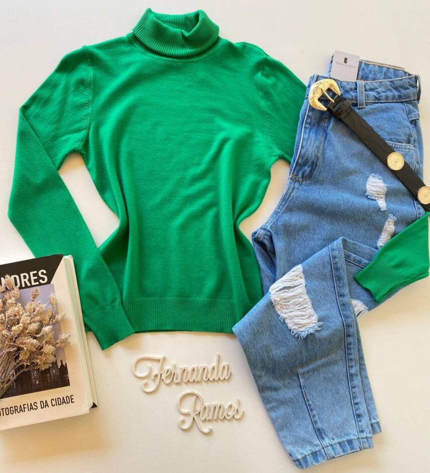 Blusa Manga Longa Feminina Modal Gola Alta 091 Verde - Fernanda Ramos Store