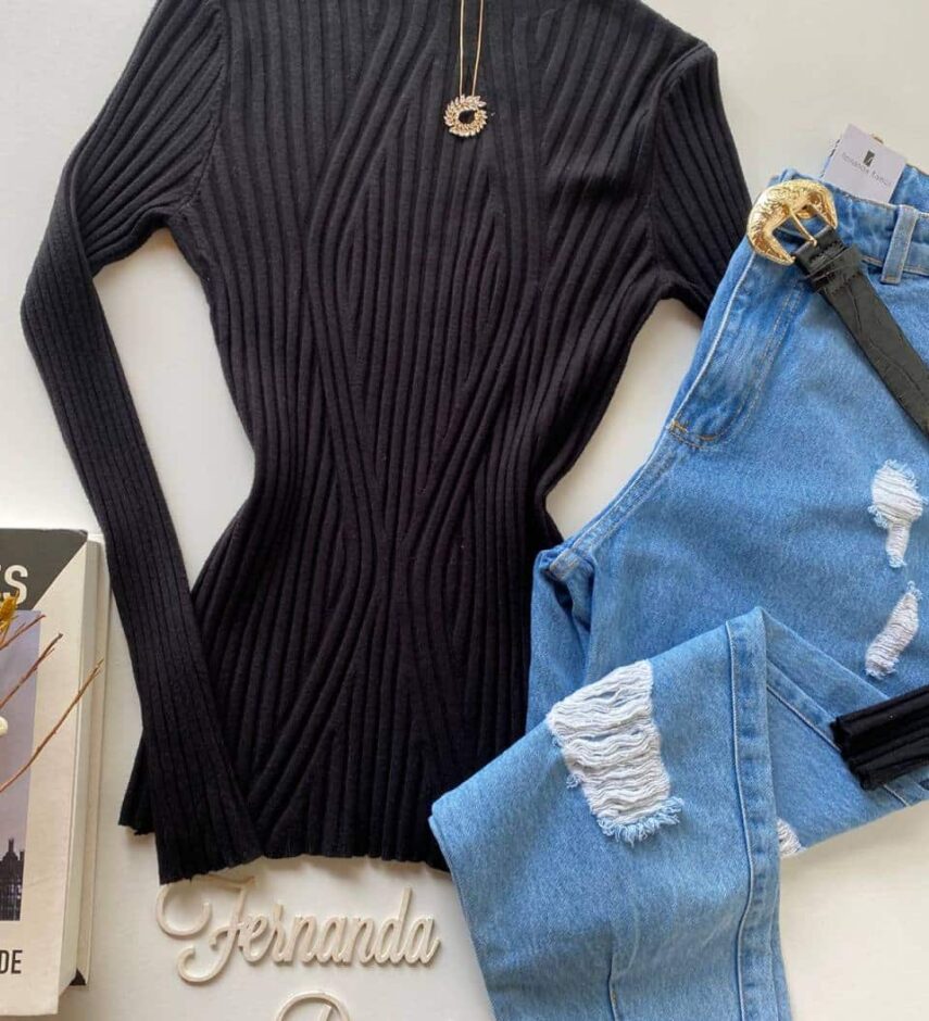Blusa Manga Longa Feminina Tricot Ana Preta 2069 - Fernanda Ramos Store