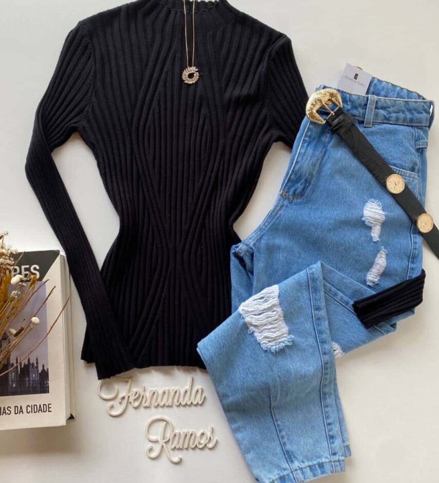 Blusa Manga Longa Feminina Tricot Ana Preta 2069 - Fernanda Ramos Store