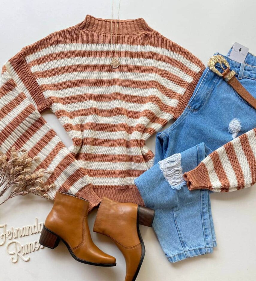 Blusa Manga Longa Feminina Tricot Diana Listrada Bege Fernanda Ramos Store
