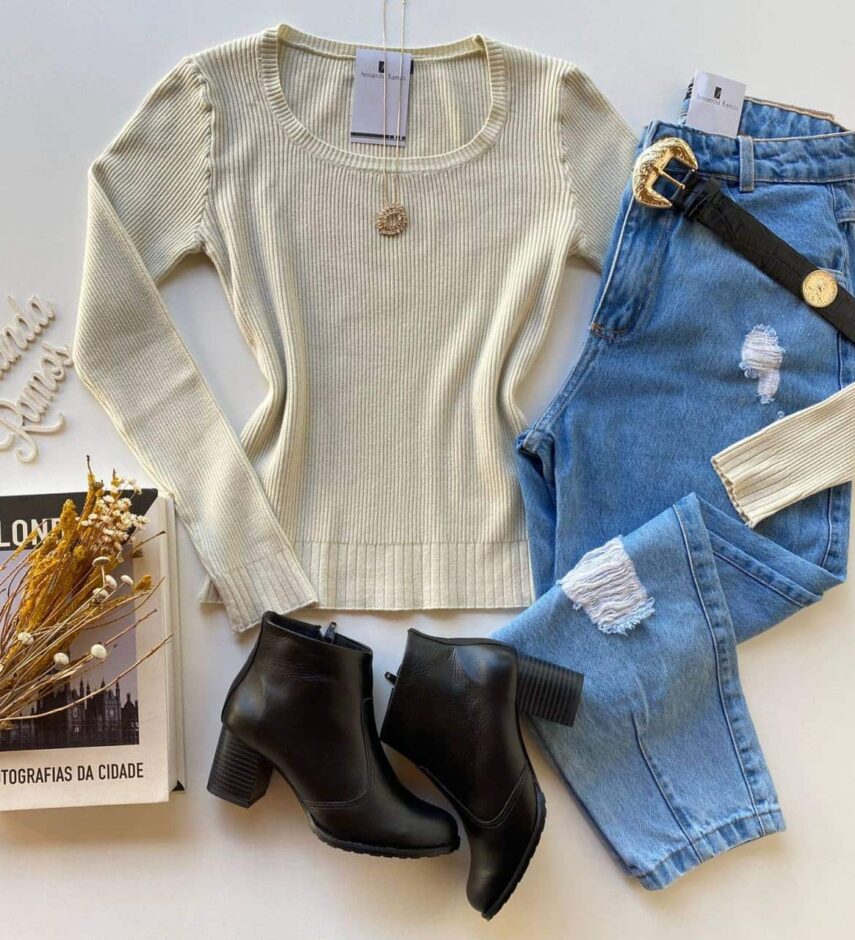 Blusa Manga Longa Feminina Tricot Isa Mesclado - Fernanda Ramos Store