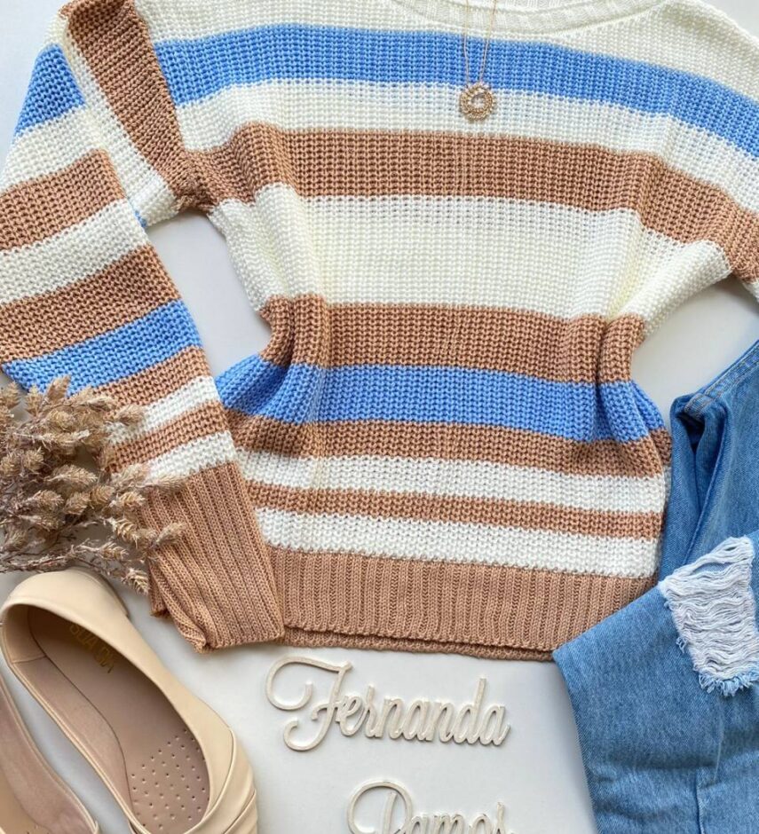 Blusa Manga Longa Feminina Tricot Listrada Bege Azul e Branca - Fernanda Ramos Store