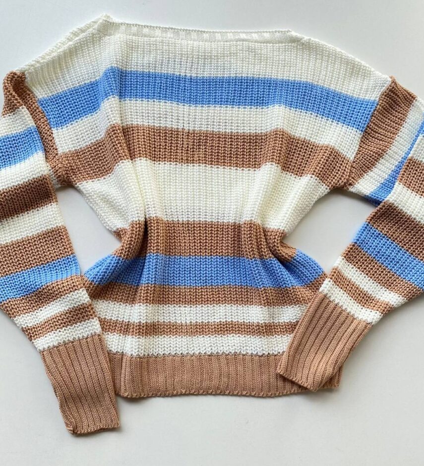Blusa Manga Longa Feminina Tricot Listrada Bege Azul e Branca - Fernanda Ramos Store