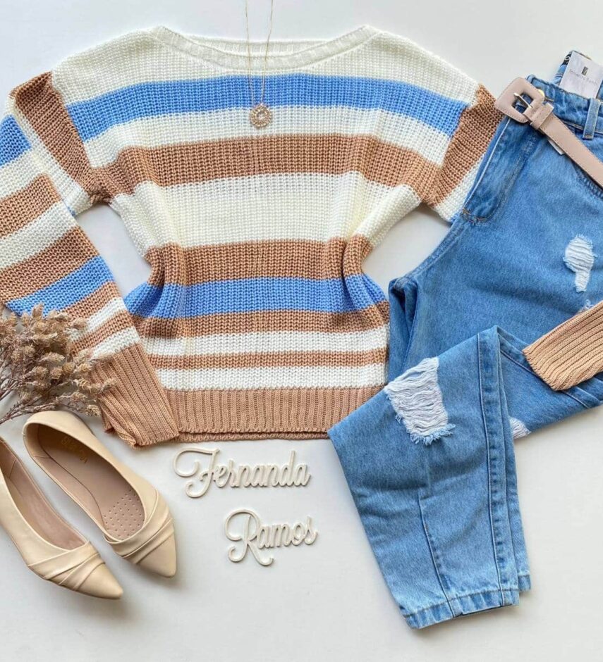 Blusa Manga Longa Feminina Tricot Listrada Bege Azul e Branca - Fernanda Ramos Store