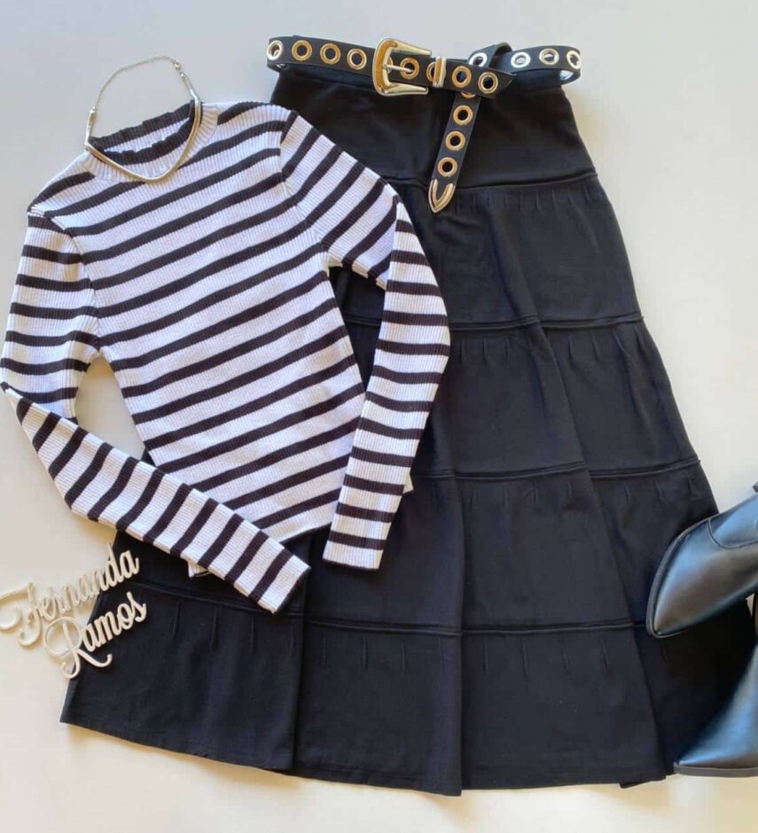 Blusa Manga Longa Feminina Tricot Listrada Branca e Preta Fernanda Ramos Store