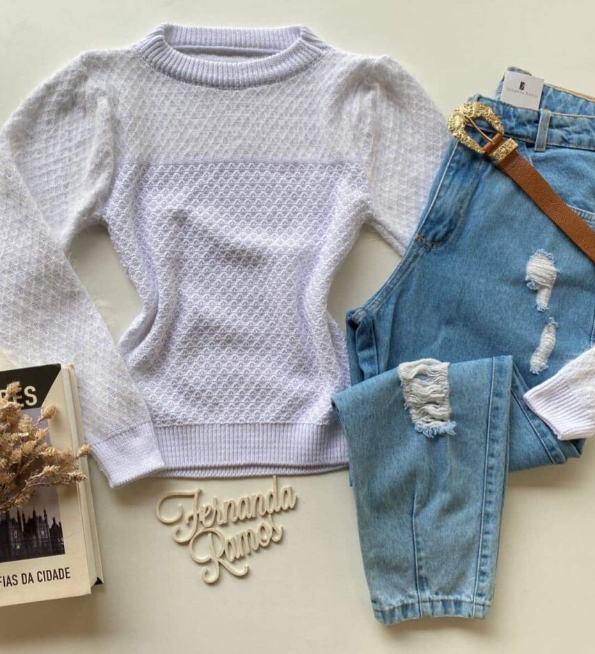 Blusa Manga Longa Feminina Tricot Victoria Branca Fernanda Ramos Store