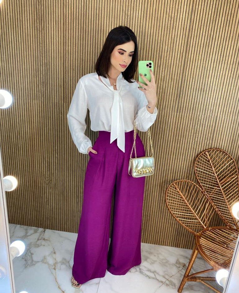 Blusa Manga Longa Viscolinho com Amarração Branca - Fernanda Ramos Store