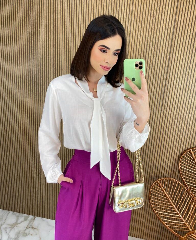 Blusa Manga Longa Viscolinho com Amarração Branca - Fernanda Ramos Store