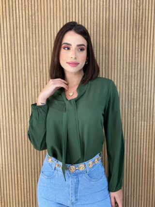 Blusa Manga Longa Viscolinho com Amarração Verde Militar - Fernanda Ramos Store