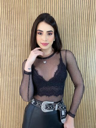 Body Feminino Manga Longa com Transparência Ayla Preto - Fernanda Ramos Store