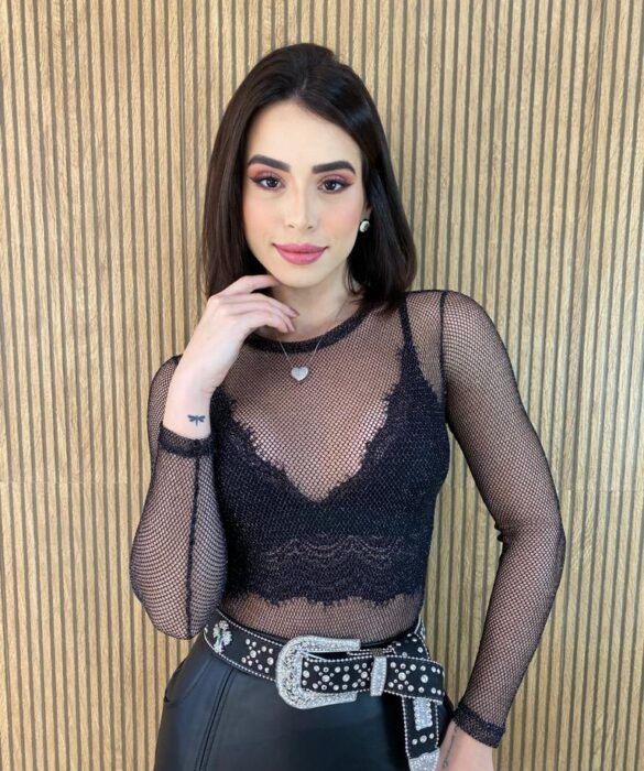 Body Feminino Manga Longa com Transparência Ayla Preto - Fernanda Ramos Store