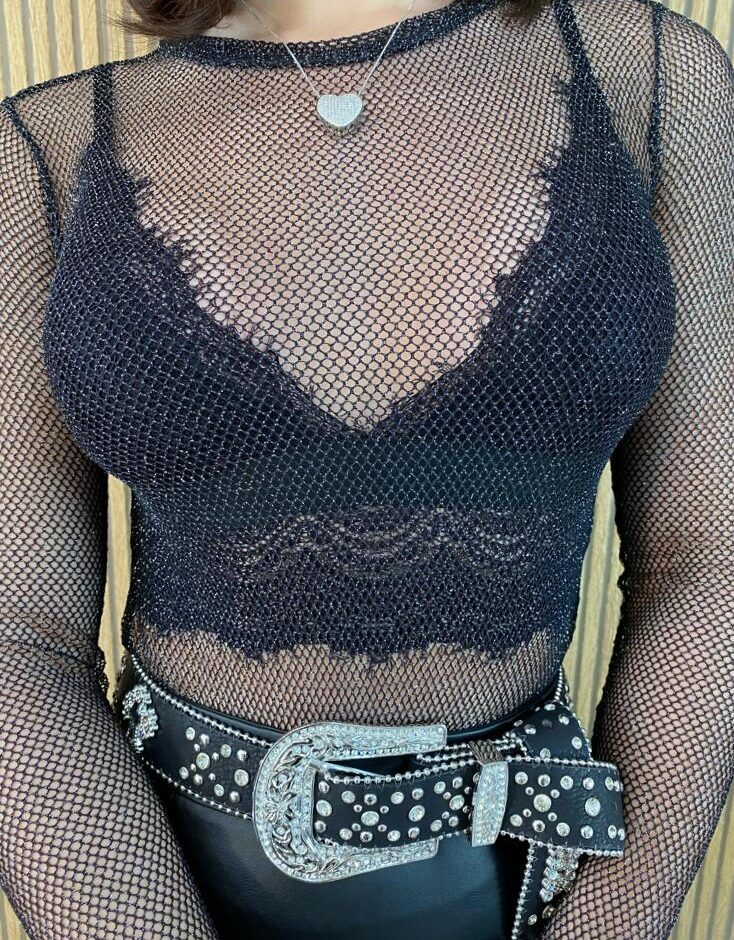 Body Feminino Manga Longa com Transparência Ayla Preto - Fernanda Ramos Store