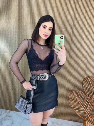 Body Feminino Manga Longa com Transparência Ayla Preto - Fernanda Ramos Store