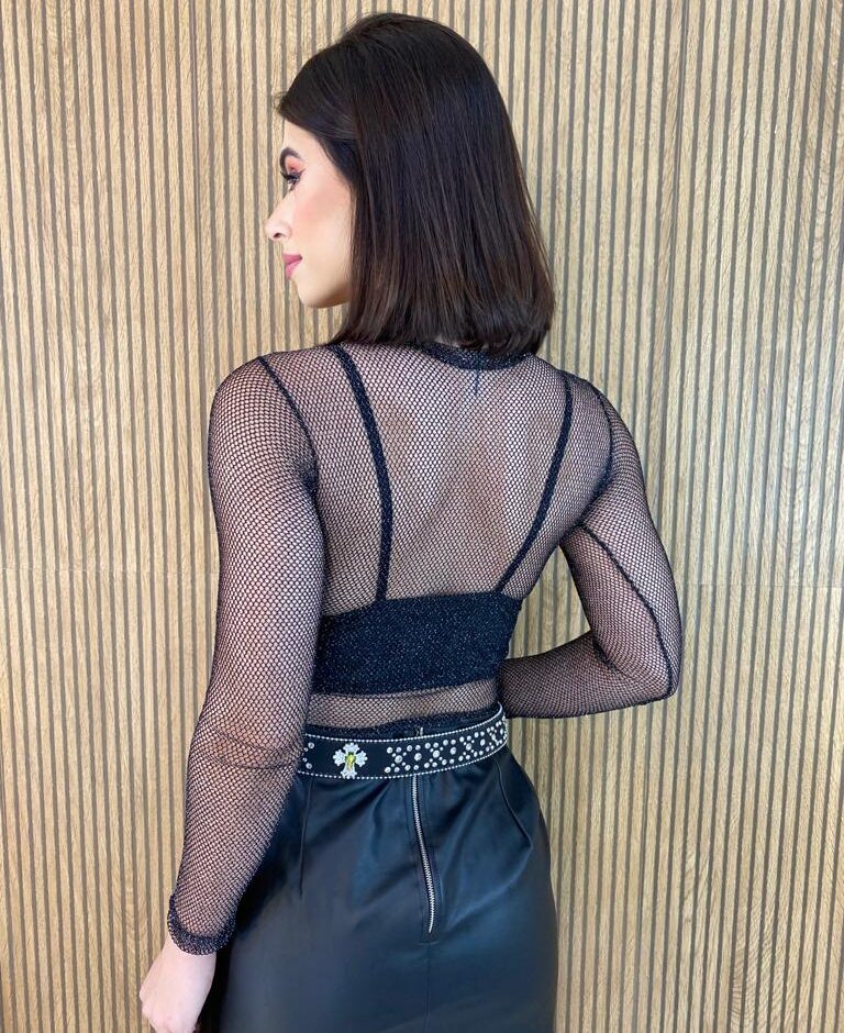 Body Feminino Manga Longa com Transparência Ayla Preto - Fernanda Ramos Store