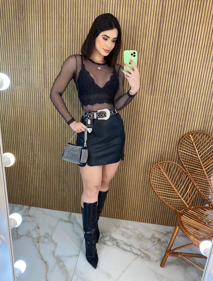 Body Feminino Manga Longa com Transparência Ayla Preto - Fernanda Ramos Store