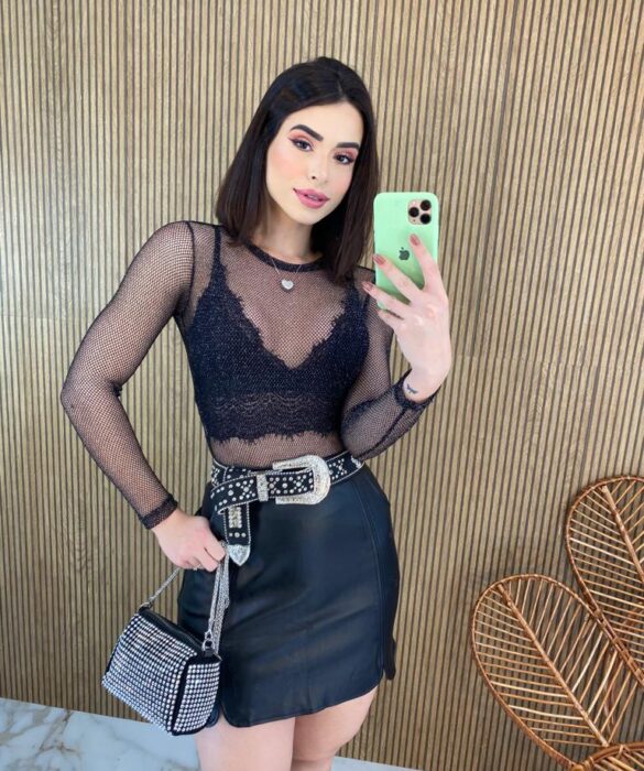 Body Feminino Manga Longa com Transparência Ayla Preto - Fernanda Ramos Store