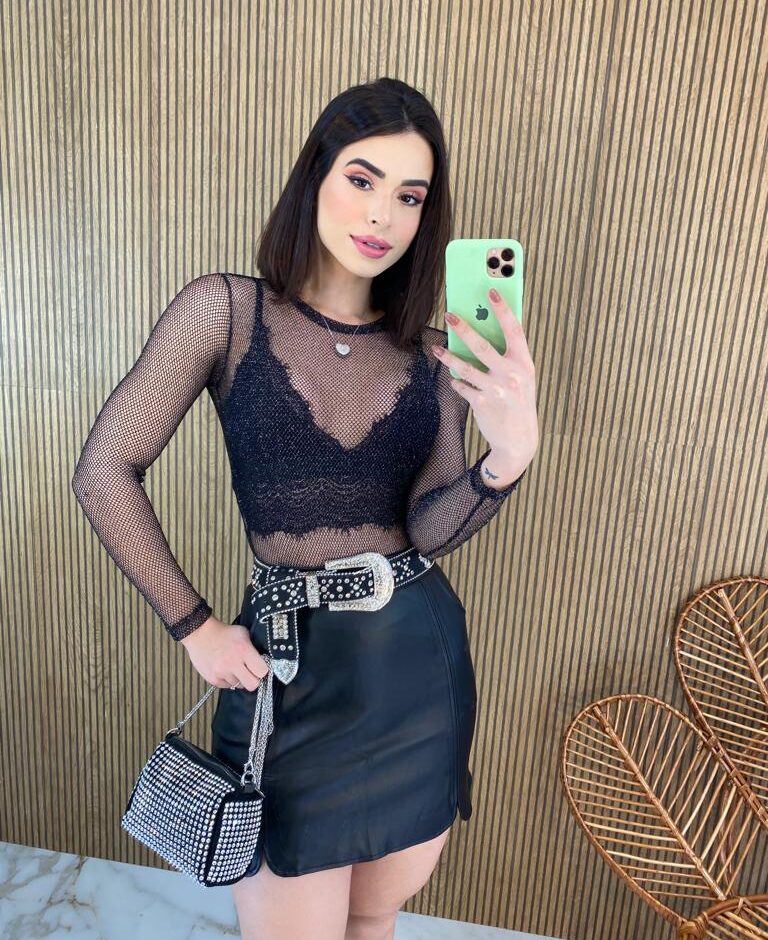 Body Feminino Manga Longa com Transparência Ayla Preto - Fernanda Ramos Store