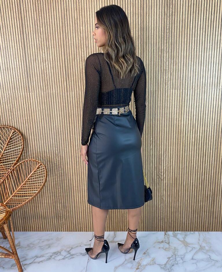Body Feminino Manga Longa com Transparência Fio Dourado Preto - Fernanda Ramos Store
