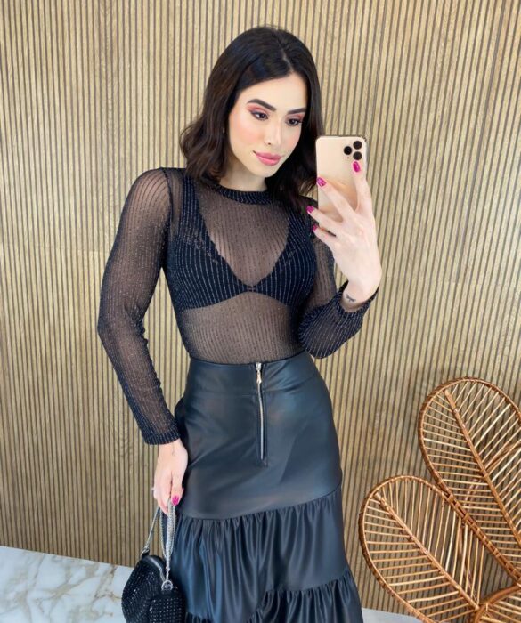 Body Feminino Manga Longa Lurex com Transparência - Fernanda Ramos Store