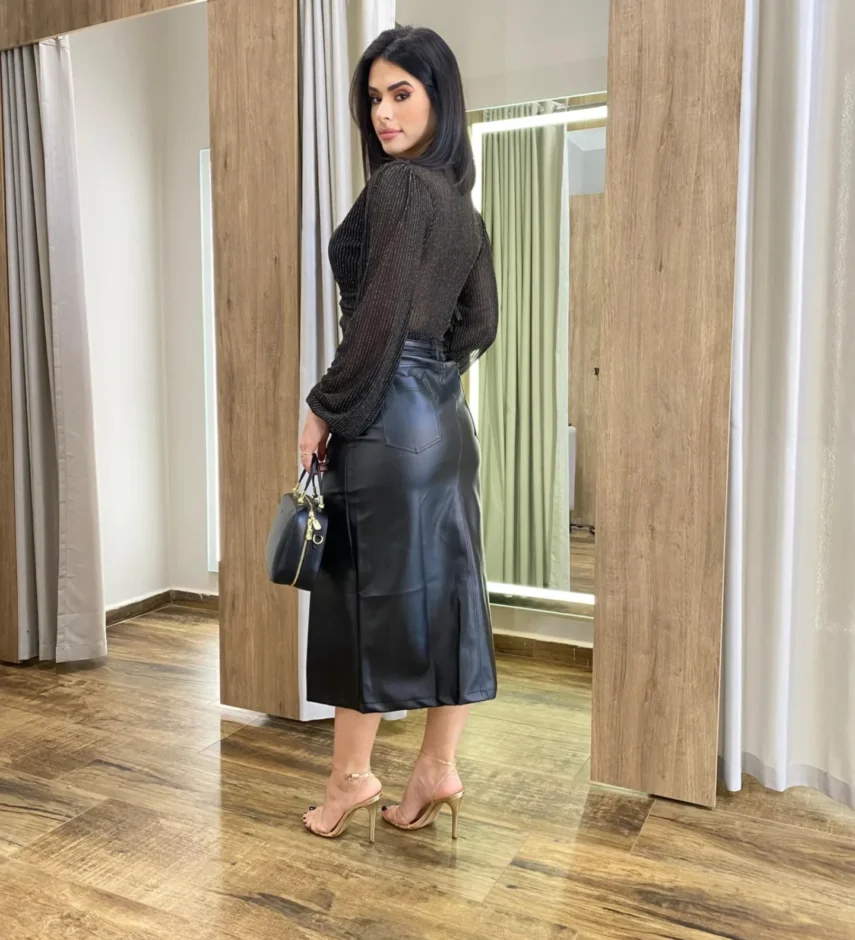 Body Feminino Manga Longa sem Bojo Lurex Fio Dourado Preto - Fernanda Ramos Store