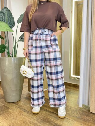 Calça Feminina com Bolsos Estela Xadrez Azul e Rosa - Fernanda Ramos Store