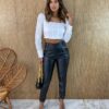 Calça Feminina Couro Eco Skinny com Botões Preta - Fernanda Ramos Store