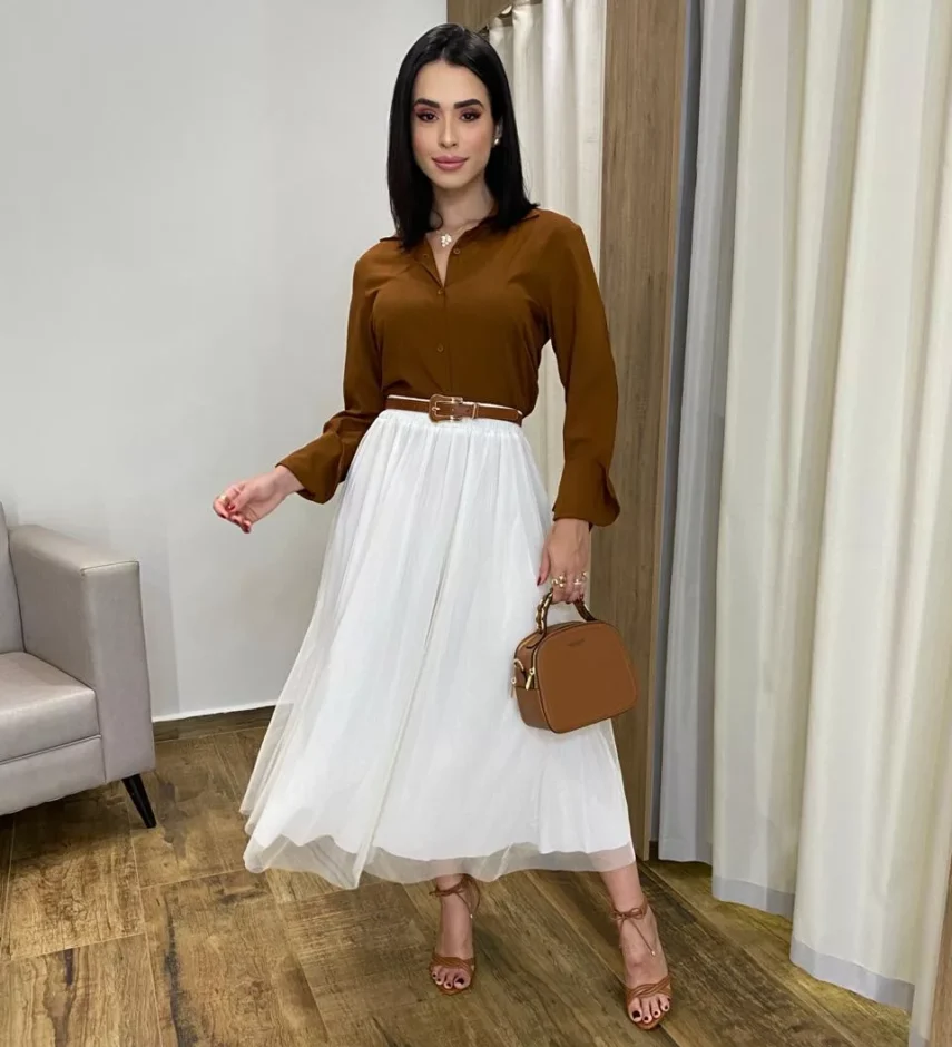 Camisa Feminina Manga Longa Helena Marrom - Fernanda Ramos Store