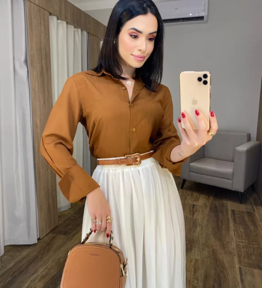 Camisa Feminina Manga Longa Helena Marrom - Fernanda Ramos Store