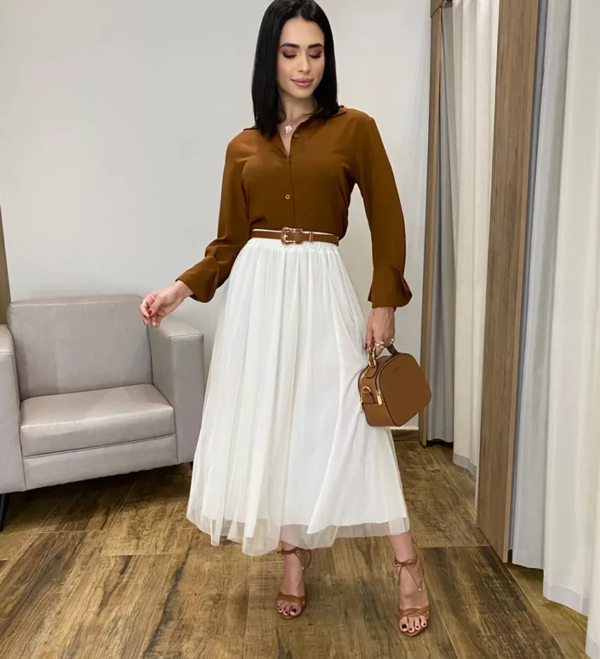 Camisa Feminina Manga Longa Helena Marrom - Fernanda Ramos Store